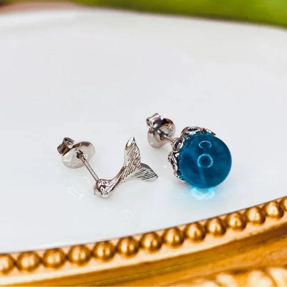 925 Sterling Silver Sea Bubble Mermaid Tail Mismatched Stud Earrings - Picture 3 of 8